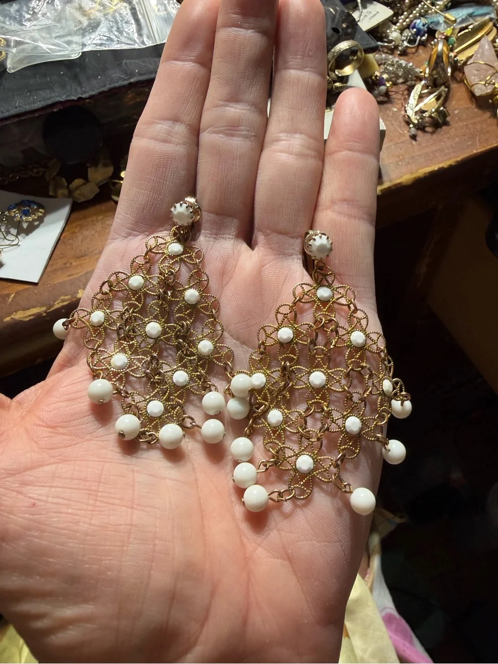 vintage gold-tone filigree chandelier earrings